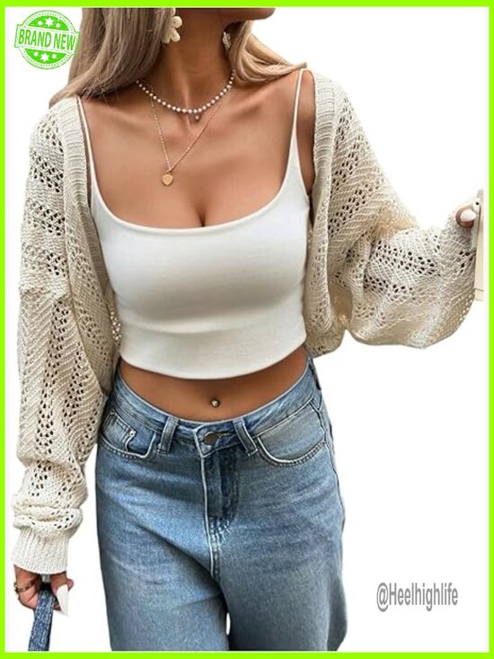 Sweaters - Open Front Crop Cardigan Long Sleeve Shrug Sweater Crochet Knit
